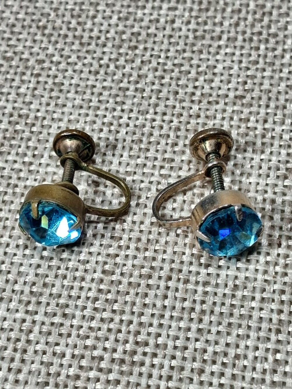 Vintage Screw Back Earrings with a Single Light Blue Rhinestone